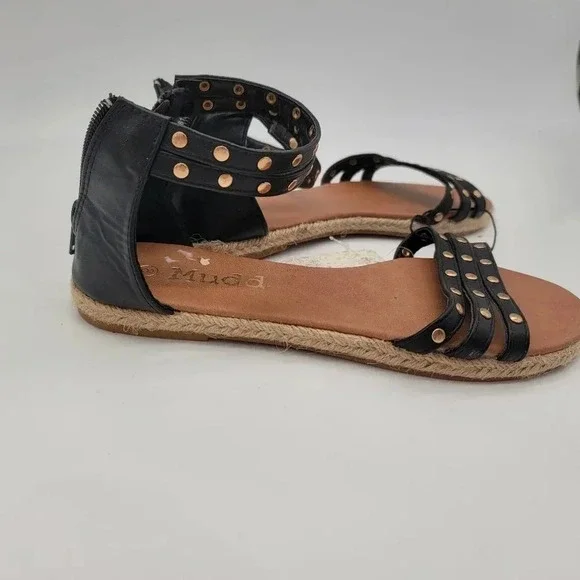 NWT Mudd Women's Studded Black Gold Ankle Zip Sandals Faux Leather Sz 8 - Picture 10 of 11